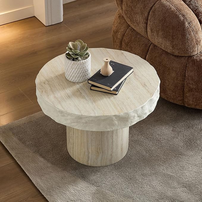 23.82" Round Side Table Small Coffee Table Faux Marble Pattern End Table Cement Stone Sofa Side Table for Living Room Apartment No Assembly