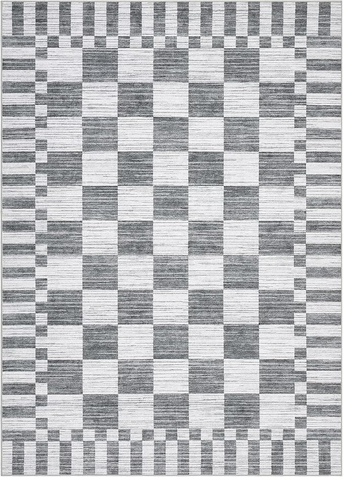 GarveeHome Grey Checkered Rug 4×6 Area Rugs for Living Room，Non-Slip Washable Rug Soft Low-Pile, Neutral Modern Farmhouse Geometric Rugs for Bedroom Dining Room Office
