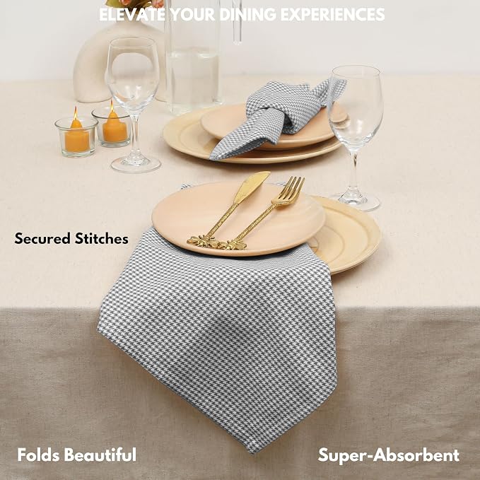 Cloth Napkin 100% Cotton 18"x18" Decorative Washable Table Houndstooth Check Napkins Set of 4 for Dining, Holidays, Buffet Parties & Wedding Use - Grey