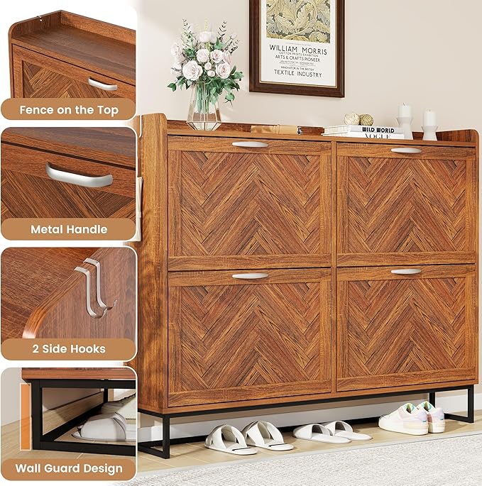 47.2" Shoe Cabinet Storage for Entryway, Narrow Wood Shoe Organizer with 4 Flip Drawers & Adjustable Shelves,Freestanding Hidden Shoe Storage Organizer with Hooks for Entryway, Foyer, Hallway, Walnut