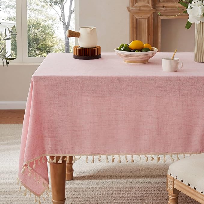 Linen Tablecloth with Tassels, Farmhouse Style Pink Tablecloth, Water Resistant Burlap Tablecloths for Square Table, 60x60 Inch Pink