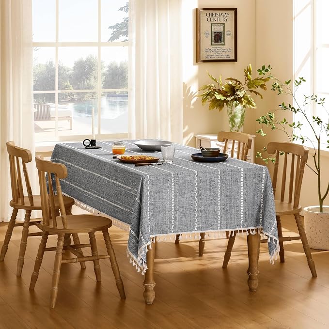 ZeeMart Hemstitched Embroidery Striped Boho Tablecloth 54x70 Inch Charcoal, Heavy Weight Farmhouse Burlap Linen Grey Tablecloth, Wrinkle Resistant Washable Table Cloth for Rectangle Table ﻿