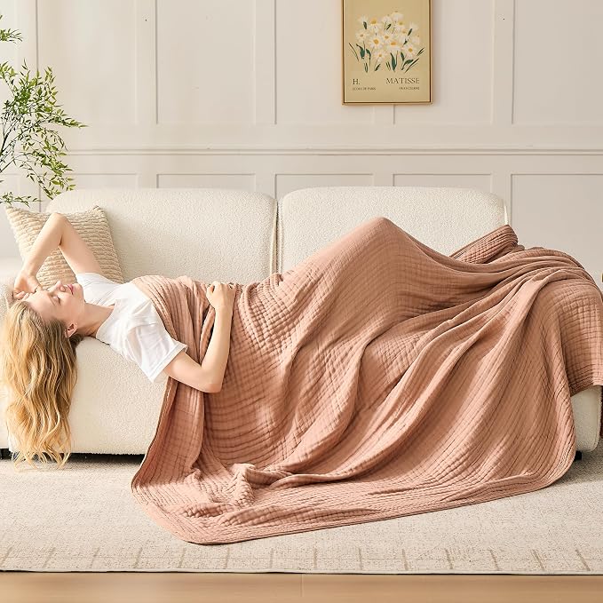 VANJOROY 9-Layer Muslin Throw Blanket Twin 60" x 80" Coffee, 100% Cotton Organic Breathable Lightweight Large Throw for Couch Bed Quilt and Bedspread - All Season Muslin Soft Gauze Blanket