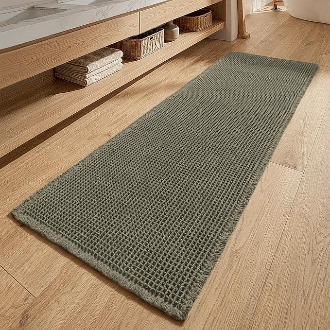MIULEE Waffle Bathroom Runner Rugs, Super Absorbent Non Slip Bath Rug, Upgraded Soft Quick Dry Washable Boho Long Bath Mat with Tassels for Hallway Laundry Room Bedroom, 17"x48", Green