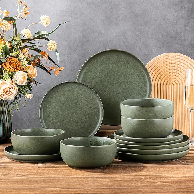 AmorArc Ceramic Dinnerware Sets, Wavy Rim Stoneware Plates and Bowls Sets,Dishwasher & Microwave & Oven Safe Dishes set, Service for 4 (12pc)