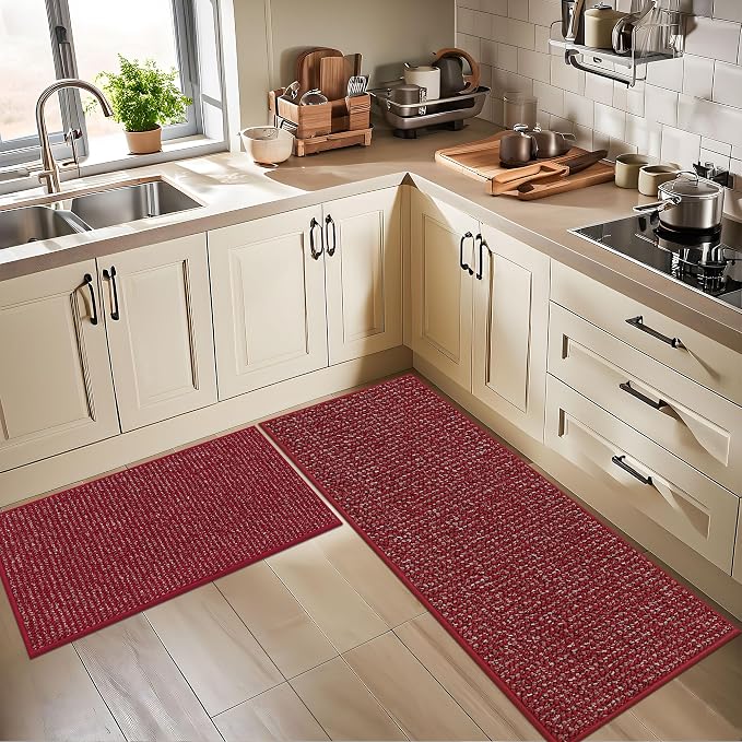 BEQHAUSE Kitchen Rugs and Mats 2PCS, Non-Slip Kitchen Mats for Floor, Absorbent and Stain Resistant Kitchen Runner, Machine Washable Rugs for Kitchen, Laundry & Sink, 20"x32"+20"x48", Red