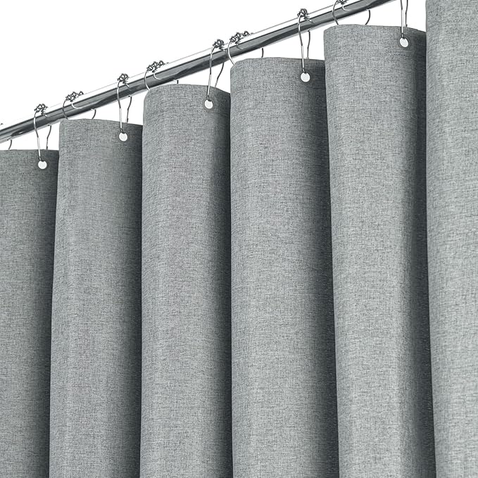 BTTN Extra Long Fabric Shower Curtain - 180x72 Inch Linen Textured Heavy Duty Tall Cloth Shower Curtain Set with 32 Plastic Hooks, Large Hotel Luxury Polyester Shower Curtains for Bathroom, Gray/Grey