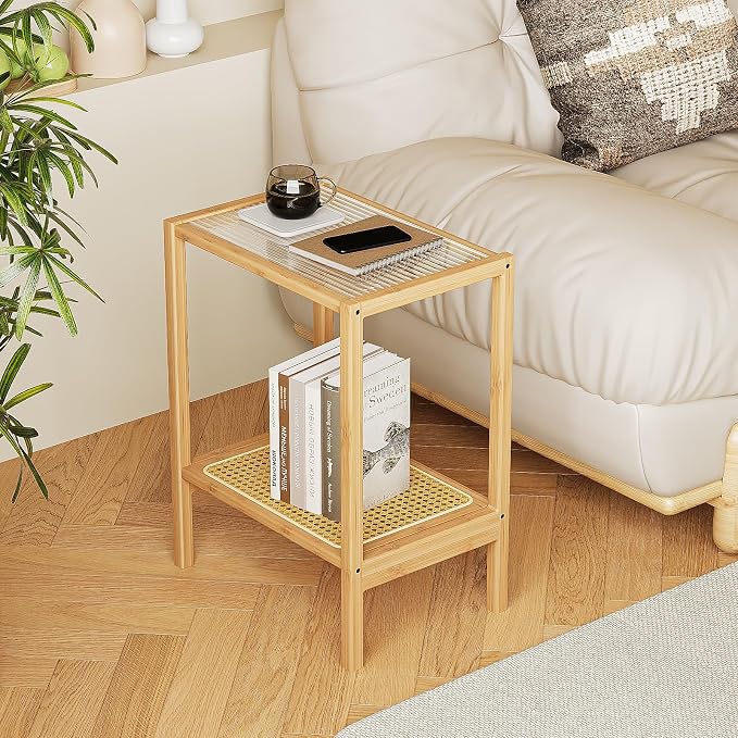 Bamworld Side Table Nature Rattan Night Stand Glass End Table 2-Tier with Storage Boho Bedside Table for Small Spaces Bamboo Coffee Table for Bedroom Living Room