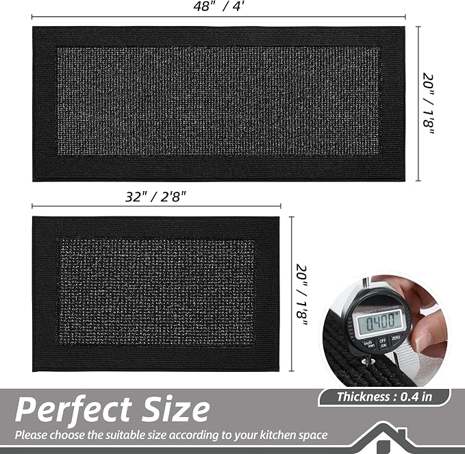 BEQHAUSE Kitchen Rugs and Mats Set of 2 Non-Slip Kitchen Mats for Floor, Absorbent and Stain Resistant Kitchen Runner, Machine Washable Rugs for Kitchen, Laundry & Sink, 20"x32"+20"x48", Black