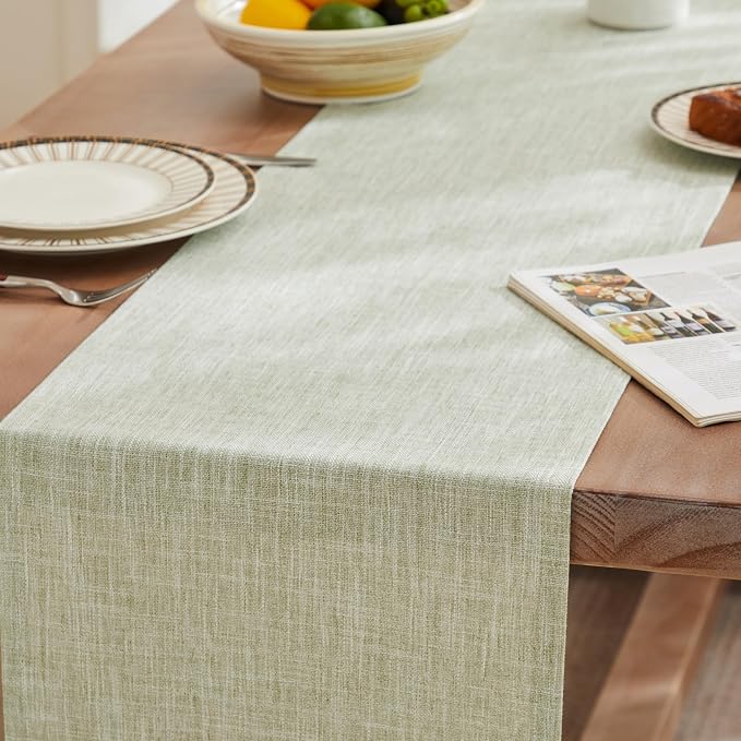 ZeeMart Rustic Cotton Linen Table Runner, 13x48 Inches Green, Farmhouse Style Sage Green Table Runners 48 Inches Long, Washable Kitchen Dining Table Decoration for Home Party Decor