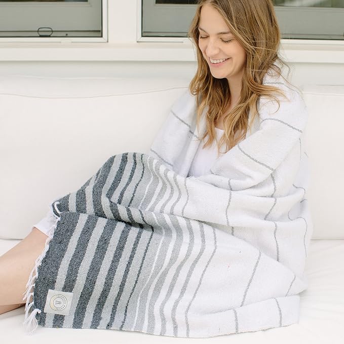 Gray Mexican Blanket by Laguna Beach Textile Co - Beach, Yoga, Camping, or Decorative Throw Blanket - Traditional Handmade Serape - Gray Tulum