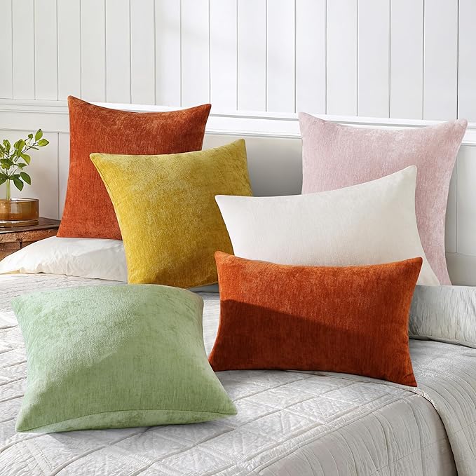 decorUhome Chenille Blush Pink Summer Throw Pillow Covers 18x18 Inch Set of 2, Decorative Soft Couch Pillow Covers Solid Dyed Accent Farmhouse Neutral Square Pillow Cases for Sofa