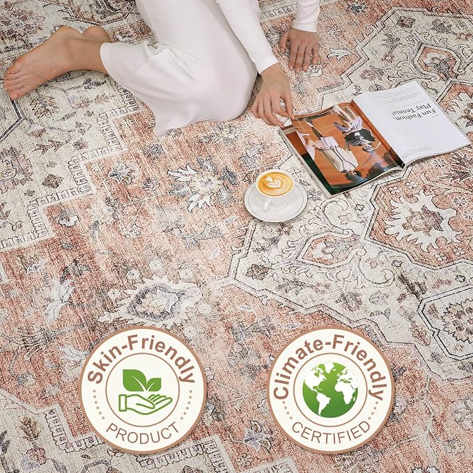 5x8 Area Rug Living Room: Washable Boho Large Neutral Vintage Soft Rug Stain Resistant Farmhouse Non-Slip Indoor Floor Retro Carpet for Bedroom Nursery Kids Office Dining Room- Pink Brown