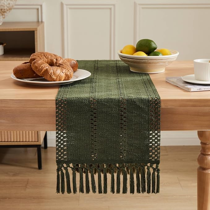 ZeeMart Macrame Style Boho Table Runner, Olive Green Table Runners 36 Inches Long, Farmhouse Woven Home Decor, 12x36 Inch, Olive