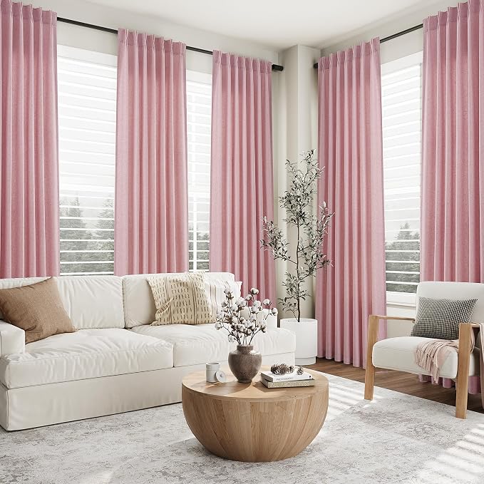 Pink Pinch Pleated Long Linen Curtains 120 Inch 2 Panels for Living Room Bedroom Sliding Glass Door Curtain Privacy Light Filtering Windows Treatment Farmhouse Neutral Rustic Decorations 40x120