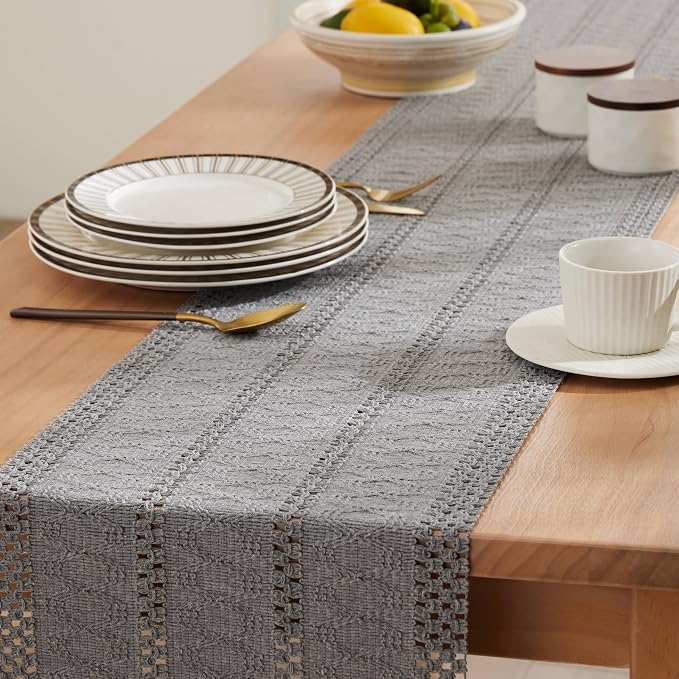 ZeeMart Macrame Style Boho Table Runner, Grey Table Runners 90 Inches Long, Farmhouse Woven Home Decor, 12x90 Inch, Grey ﻿
