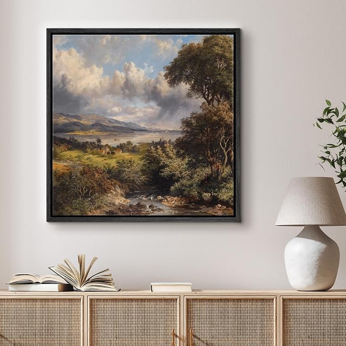 SIGNFORD Framed Canvas Print Wall Art Classic Highland Valley Majestic Nature Scene Nature Wilderness Illustrations Rustic Zen Colorful for Living Room, Bedroom, Office - 24"x24" Black