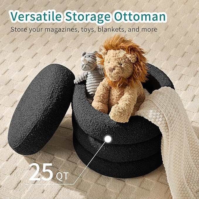 Busaurus Round Ottoman with Storage for Living Room Small Boucle Foot Stool Modern Upholstered Vanity Stool Ottoman Foot Rest for Dorm Corner Home Decor, Set of 2 (Black)