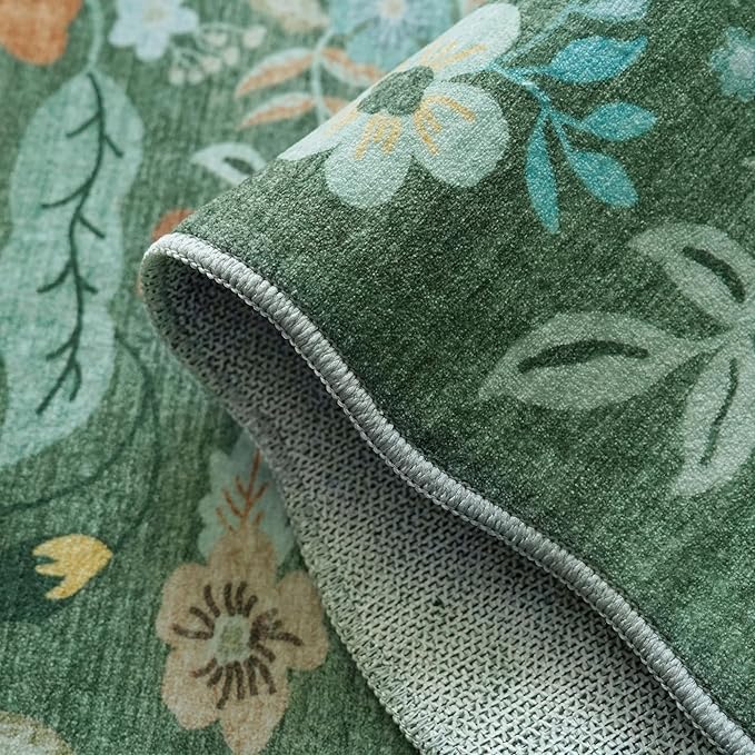 Floral Square Area Rug for Family: Washable 5x5 Scalloped Carpet for Living Room Bedroom Soft Water Resistant Floor Mat with Non Slip Backing for Kitchen Nursery Farmhouse Home Decor(5x5,Floral/Green)