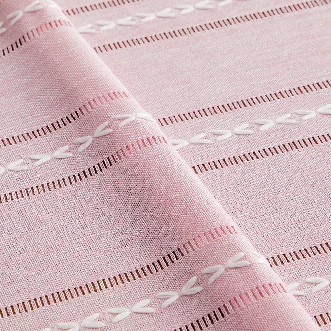 ZeeMart Hemstitched Embroidery Striped Boho Tablecloth 54x70 Inch Pink, Heavy Weight Farmhouse Burlap Linen Pink Tablecloth, Wrinkle Resistant Washable Table Cloth for Rectangle Table