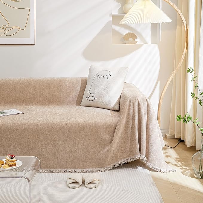 MEETSKY Couch Cover L Shape Sofa Cover for 3 Cushion Couch, Cover Protector Sofa Throw Cover for Couches Washable Soft Chenille Blend Modern Decorative for Living Room, 71" x 134", Khaki