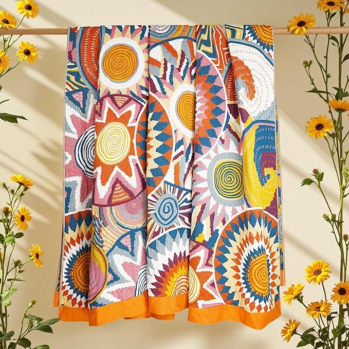 VANJOROY Boho Throw Blanket, 100% Organic Muslin Cotton Skin-friendly Breathable Ultra Soft Bed Quilt Throw - All Season Bohemian Decor Luxury Colorful Blanket for Sofa Couch Chair and Gift. 91" x 98"