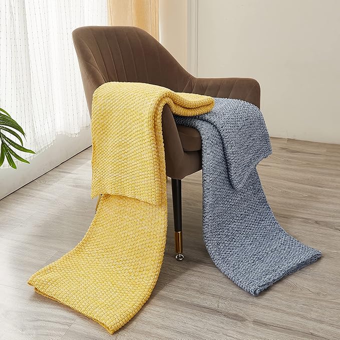 Longhui bedding 100% Cotton Knitted Throw Blanket – Yellow, Soft & Cozy, Machine Washable, 60"x80" – Perfect for Living Room, Couch, Sofa, Bed or Travel