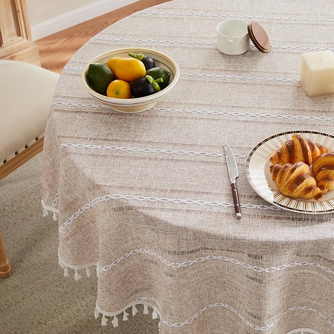 ZeeMart Hemstitched Embroidery Striped Boho Tablecloth 54 Inch Round Natural, Heavy Weight Farmhouse Burlap Linen Neutral Tablecloth, Wrinkle Resistant Washable Table Cloth for Round Table