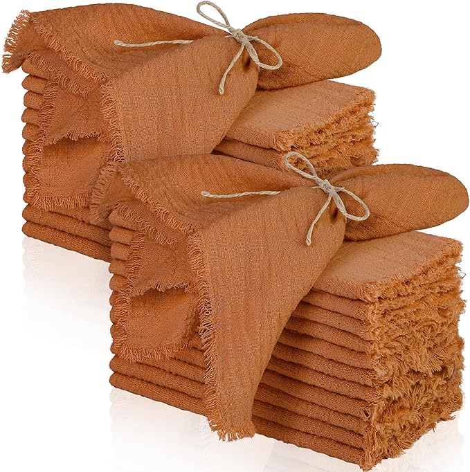 TURSTIN 24 Pieces Cotton Linen Cloth Napkin Handmade Cloth Napkin with Fringe 17 x 17 Inch Soft Dinner Wedding Napkins Square Rustic Fringe Table Napkins for Dinners, Parties, Weddings, Terracotta