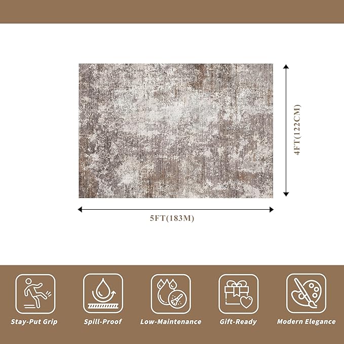 4x5 Washable Entryway Rug – Non-Slip Low Pile Throw Area Rug for Bathroom Kitchen Living Room Bedroom – Modern Abstract Neutral Soft Indoor Small Carpet (Brown Beige,4x5)