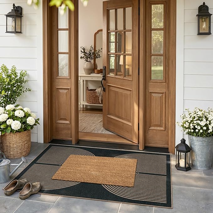 Lahome Enfys Modern Rainbow Easy Jute Outdoor Patio Rug, 3x5 Black Washable Rugs for Entryway Office Farmhouse Classroom Carpet, Contemporary Non Slip Front Door Mat for Porch Guestroom Room Decor