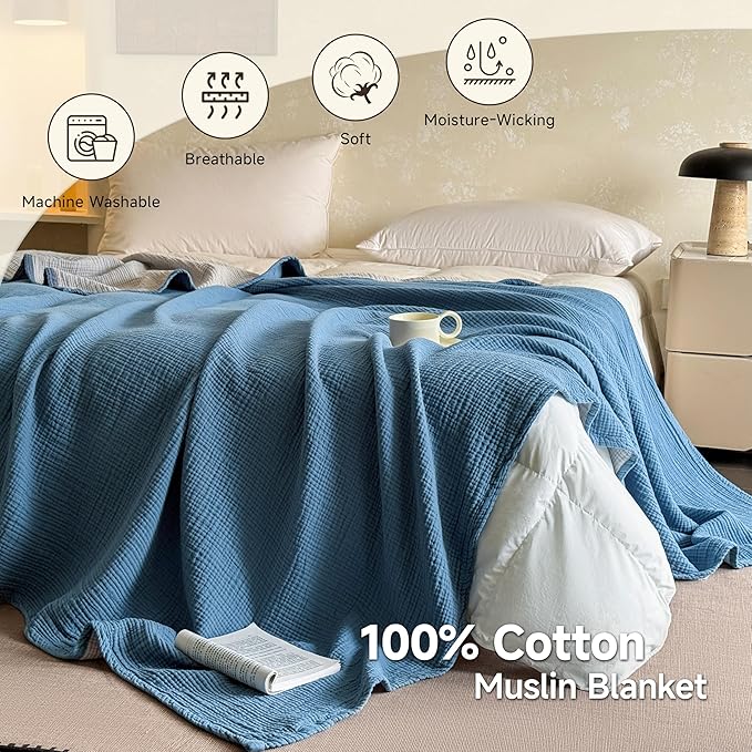 Simple&Opulence 100% Cotton Muslin Blanket Queen Size, Lightweight Breathable 4 Layering Gauze Blanket for Bed Couch Camping, Soft Bedspread Coverlet All-Season Use (Dusty Blue, 88" x 92")