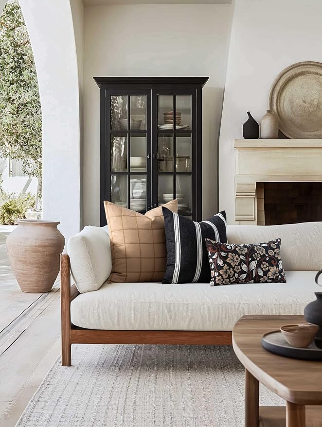 Crumbs Home Modern Farmhouse Fall Linen Indoor Outdoor Throw Pillow Cover Only, 22"x22" Water Repellent for Patio, Backyard, Couch, Ivory Cream Plaid
