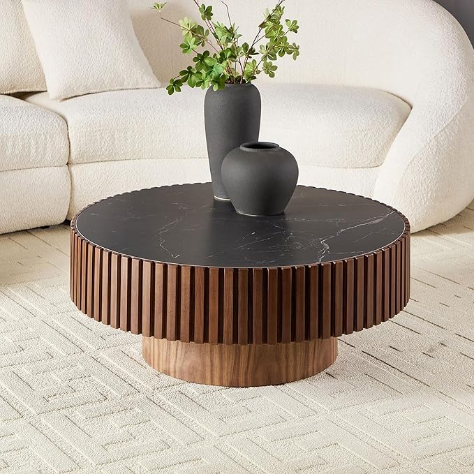 35.43'' Round Coffee Table with Faux Marble Tabletop, Modern Drum Center Coffee Tables Luxury Circle Coffee Table for Bedroom,Apartment,Living Room-Walnut