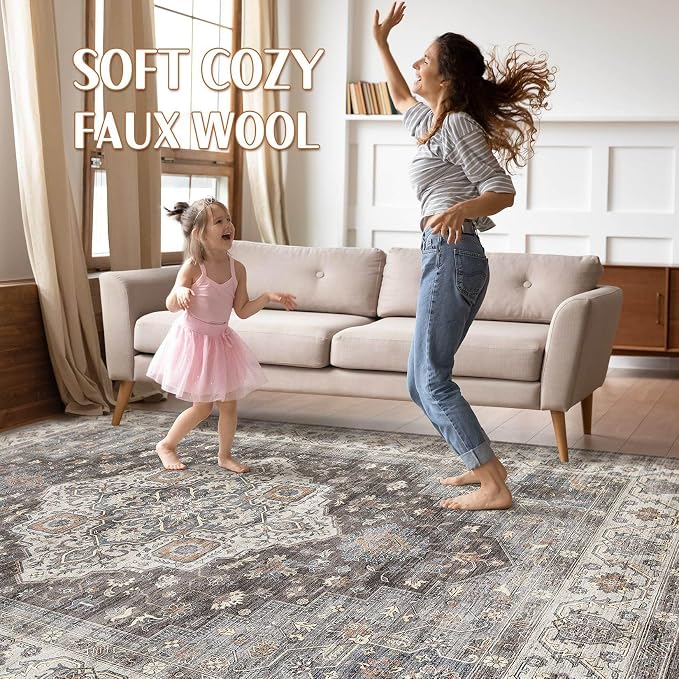 6x8 Area Rug Living Room: Washable Boho Large Neutral Vintage Soft Rug Stain Resistant Farmhouse Non-Slip Indoor Floor Carpet for Bedroom Nursery Kids Office Dining Room Playroom- Grey Brown
