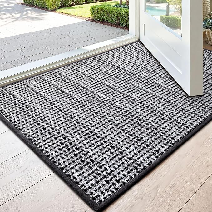 DEXI Ultra Thin Door Mat Indoor Entrance 17x30, Non Slip Rubber Backed Entryway Mats Dirt Trapper, Low Profile Front Doormat for Inside Entry, Patio, Porch, Grey and White
