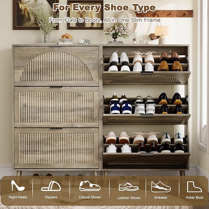 Shoe Storage Cabinet with 3 Flip Drawers, Narrow Wood Shoe Organizer Cabinet with Fluted Panel, Slim Shoe Rack for Entryway, Freestanding Shoe Cabinet for Living Room, Hallway, Grey