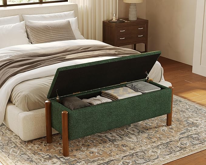 47" Storage Ottoman Bench, Boucle Upholstered End of Bed Bench for Bedroom, Entryway Shoe Bench with Large Storage Space, Heavy Duty Padded Foot Rest Stool Blanket Chest for Living Room, Green