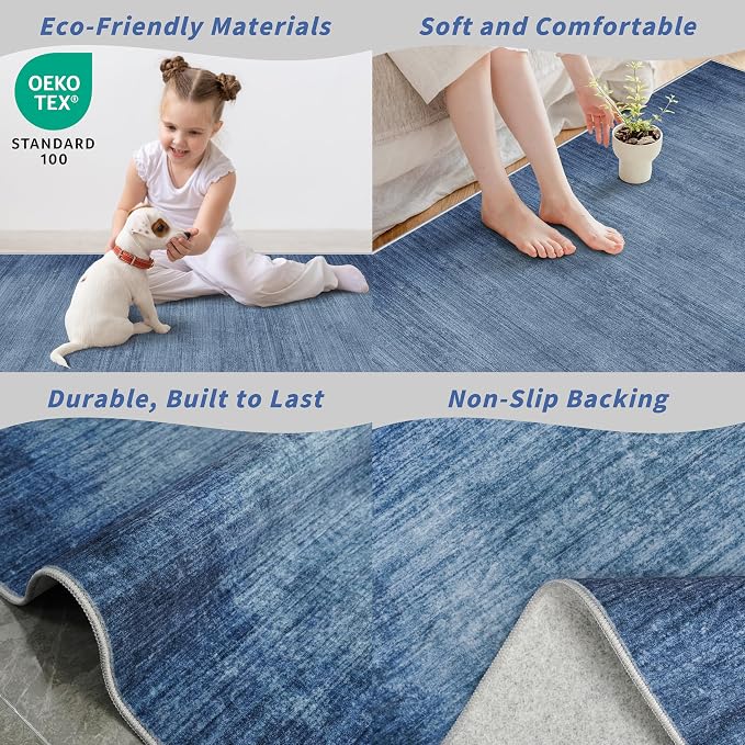 2x6ft Non-Slip Washable Kitchen Rug - Modern Carpet Runner for Hallway,Bedroom Bedside,Laundry Room,Entryway with Rubber Backing – Abstract Neutral Low-Pile Thin (Navy Blue,2x6)