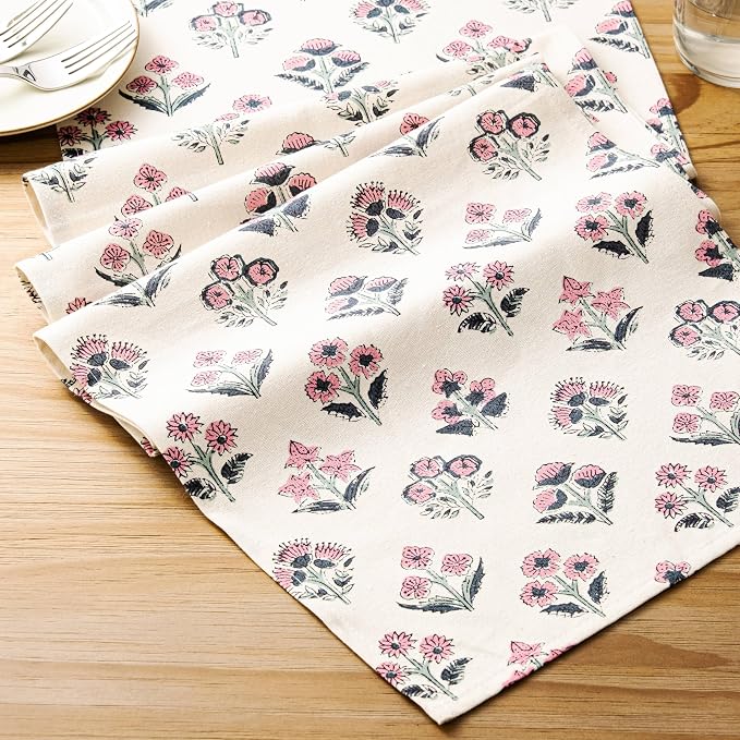 100% Cotton Block Print Floral Table Runners, 13x60 Inch Pink Farmhouse Table Runners 60 Inches Long Boho Flowers Home Decors