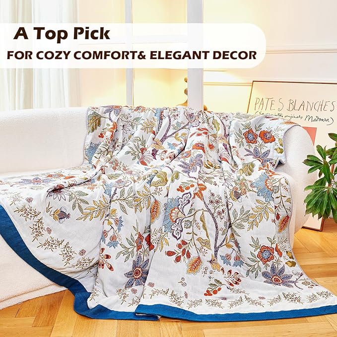 VANJOROY Boho Throw Blanket, 100% Organic Cotton Breathable Skin-Friendly Ultra Soft Bed Quilt Throw - All Season Floral Farmhouse Décor Luxury Blanket for Sofa Couch Chair and Gift. 80" x 90"