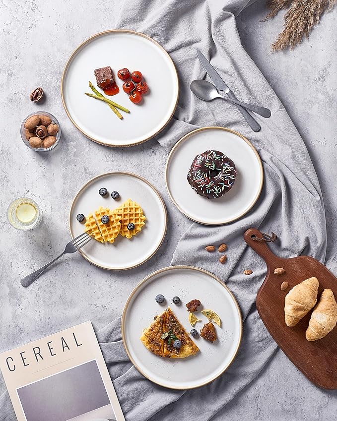 famiware Star Dinner Plates for 6, 10 inches Plate Set, Scratch Resistant, Stoneware Dinnerware, Kitchen Modern Rustic Serving Dishes, Cappuccino White