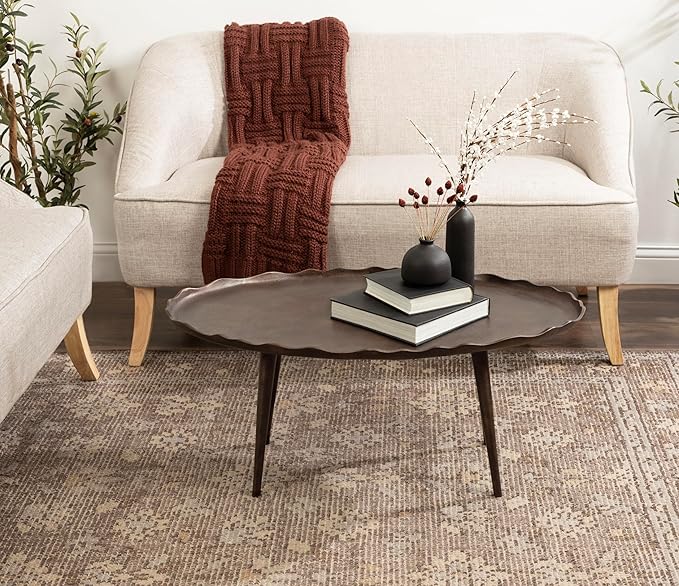 Kate and Laurel Alessia Transitional Oval Coffee Table; 34 x 20 x 15; Bronze; Metal Living Room Table for Storage and Display with Antique Deckled Edge Detailing