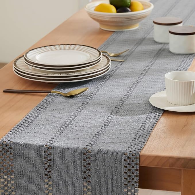 ZeeMart Macrame Style Boho Table Runner, Blue Grey Table Runners 108 Inches Long, Farmhouse Woven Home Decor, 12x108 Inch, Light Blue Grey
