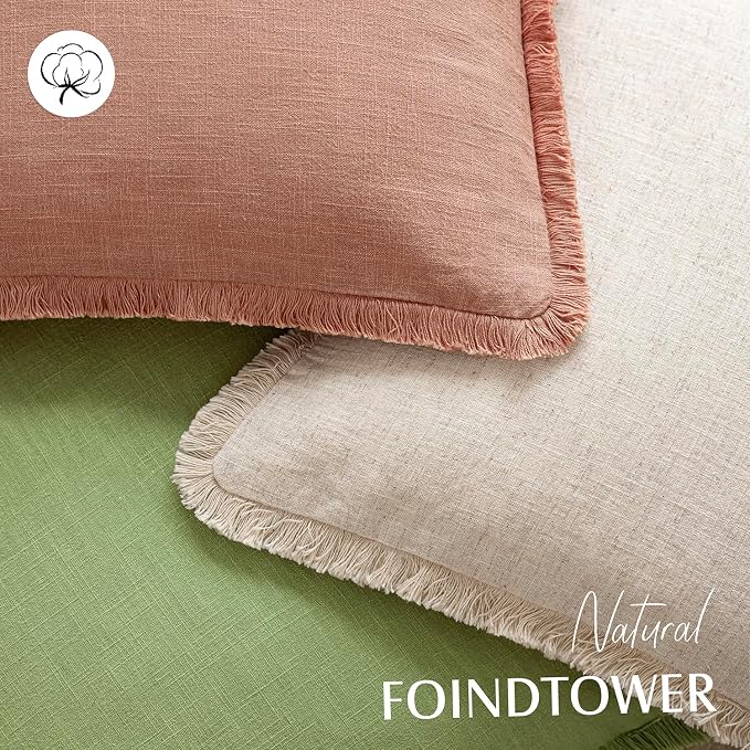 Foindtower Set of 2 Decorative Linen Fringe Throw Pillow Covers Cozy Boho Farmhouse Cushion Cover with Tassels Soft Accent Pillowcase for Couch Sofa Bed Living Room Home Decor,26×26 Inch,Coral Pink