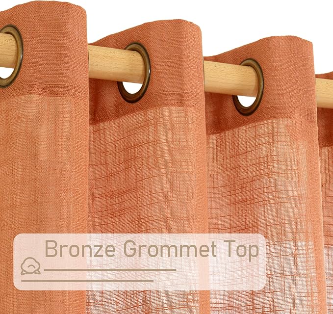 LAMIT Sheer Linen Curtains 63 Inch for Bedroom, Light Filtering Country Decor Semi Sheer Farmhouse Boho Curtains Bronze Grommet Living Room Panels, Burnt Orange, 2 Panels, 52 x 63 Inch