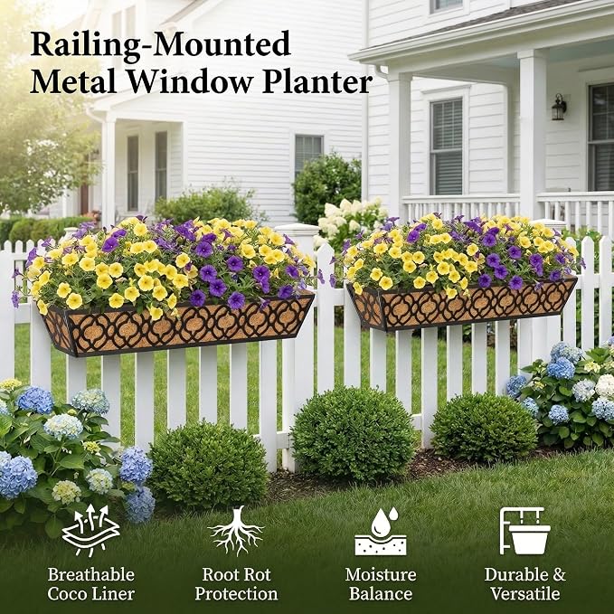 4 Pack 30 Inch Railing Planter Box with Coco Liner, Adjustable Metal Window Box Planter for Balcony Deck Fence, Hanging Flower Basket for Outdoor Garden, Black