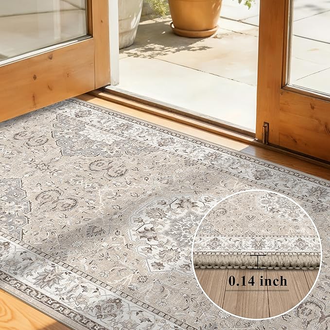 Washable Entryway 3x7 Runner Rug: Farmhouse Kitchen Hallway Rug Runner Wide Soft Water Resistant Floor Mat for Bathroom Nursery Non Slip Indoor Carpet for Living Room Bedroom Dining Room(3x7,Beige)