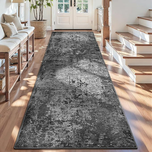 3x12 Black Rug Runners for Hallways Kitchen Runner Rug Non Slip Washable Black Long Runner Rugs with Rubber Backing Soft Abstract Carpet Runner for Bedroom, Kitchen, Bathroom, Entryway