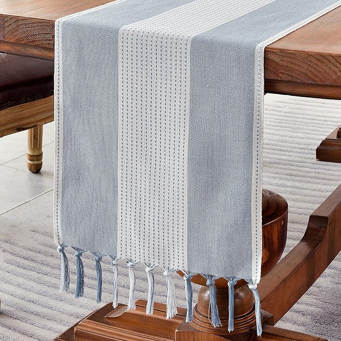 Wracra Linen Table Runner, Farmhouse Macrame Table Runners 90 Inches Long for Dining Table Decor, Wedding, Party and Dresser Decor (Blue,90")